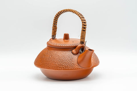 Japanese Tea Set - Morishita Gisen - Tokoname-yaki Debeso Dobin Teapot with 5 Yunomi Teacups - front view of the top-handled dobin teapot with the teacups