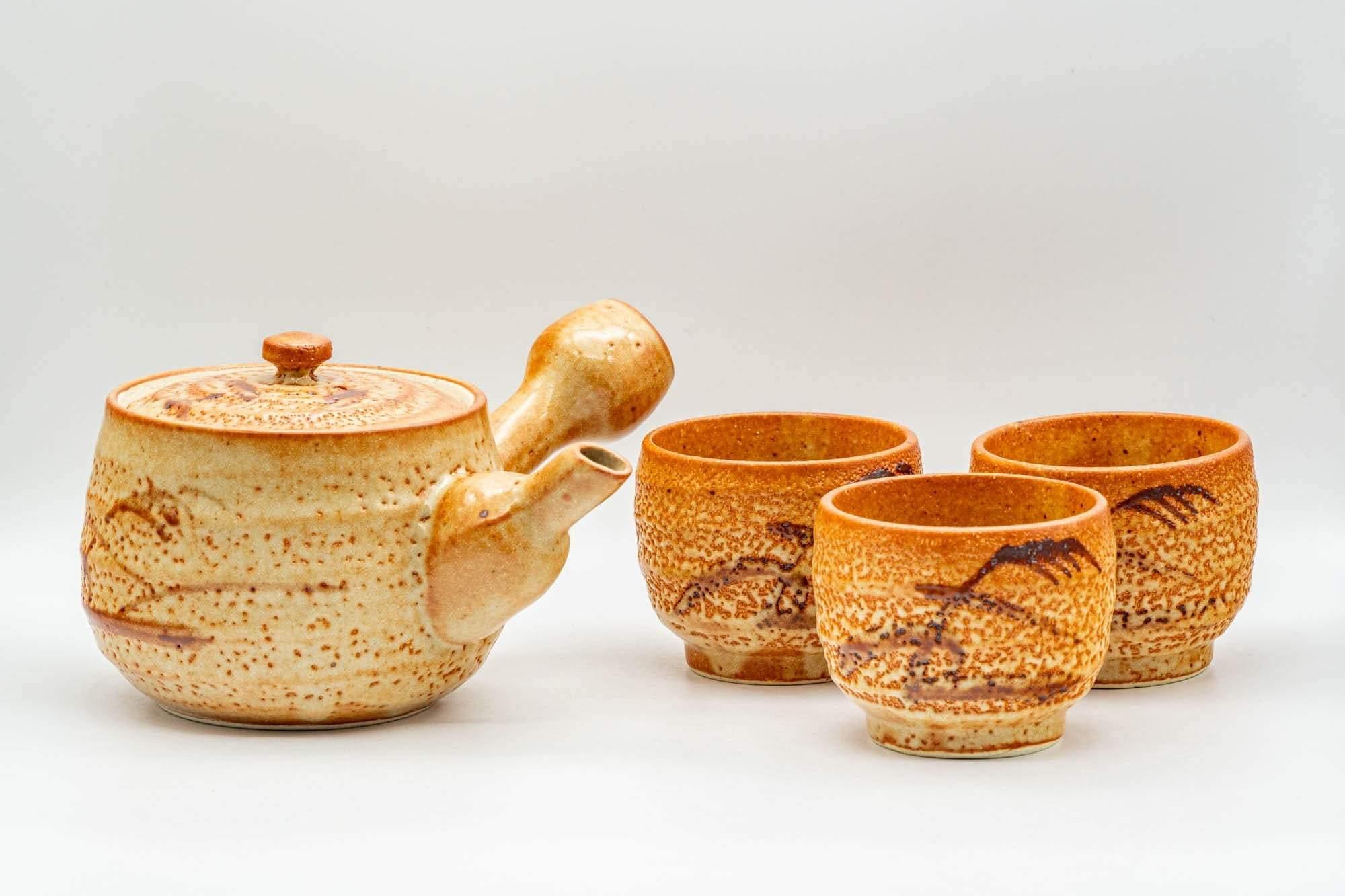 Japanese Tea Set - Orange Shino Glazed Debeso Kyusu Teapot with 3 Yunomi Teacups - Tezumi