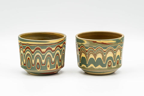 Japanese Teacups - Pair of Mizukani Gyouzan Nerikomi Tokoname-yaki Yunomi - 100ml - angled view of the pair showing the marbled facets