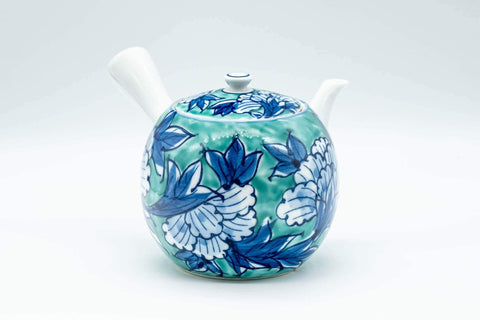 Japanese Tea Set - Blue Green Floral Arita-yaki Debeso Kyusu Teapot with 4 Yunomi Teacups - Tezumi