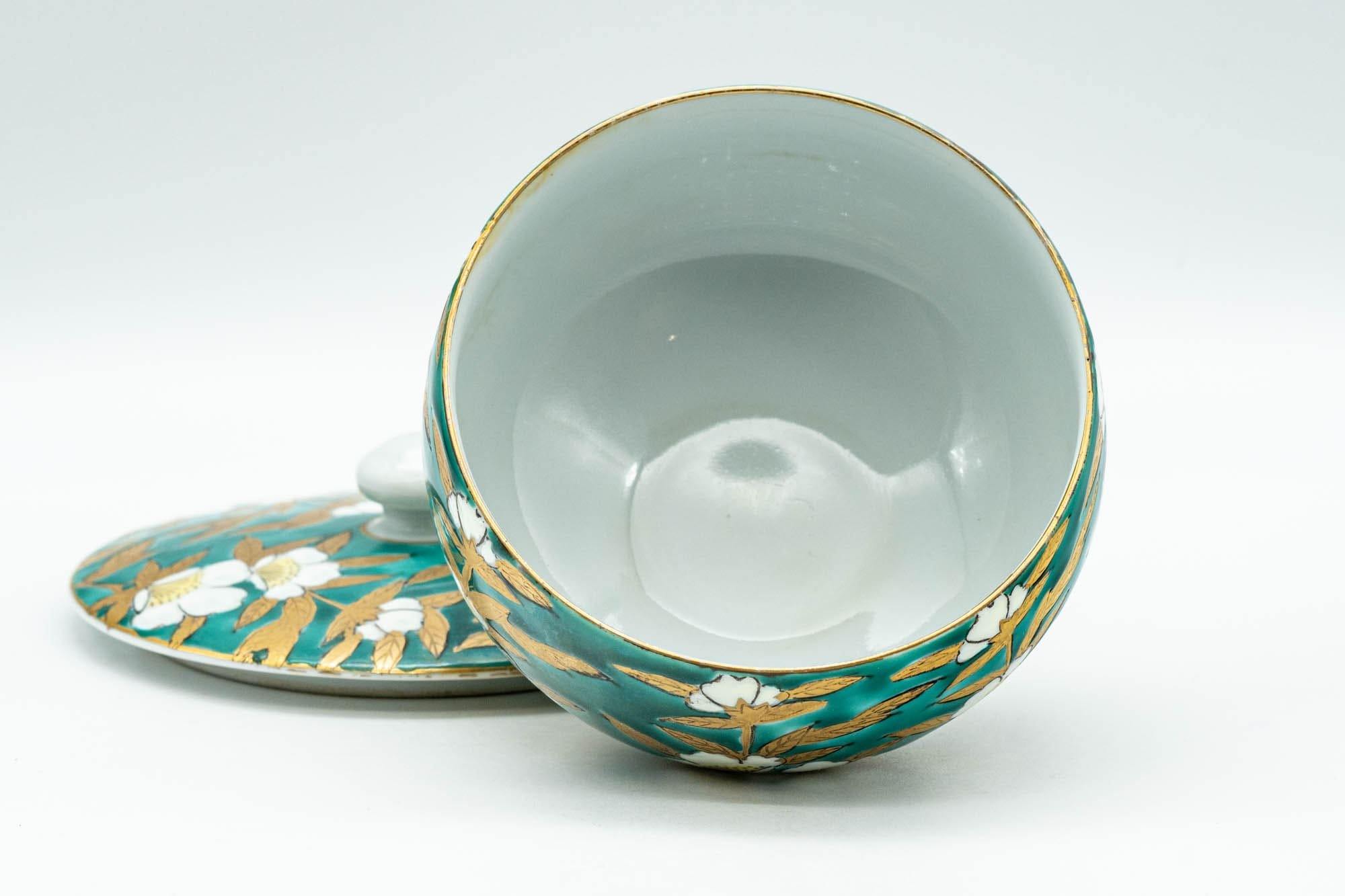 Japanese Teacup - Green White Floral Porcelain Arita-yaki Lidded Yunomi - 150ml - Tezumi
