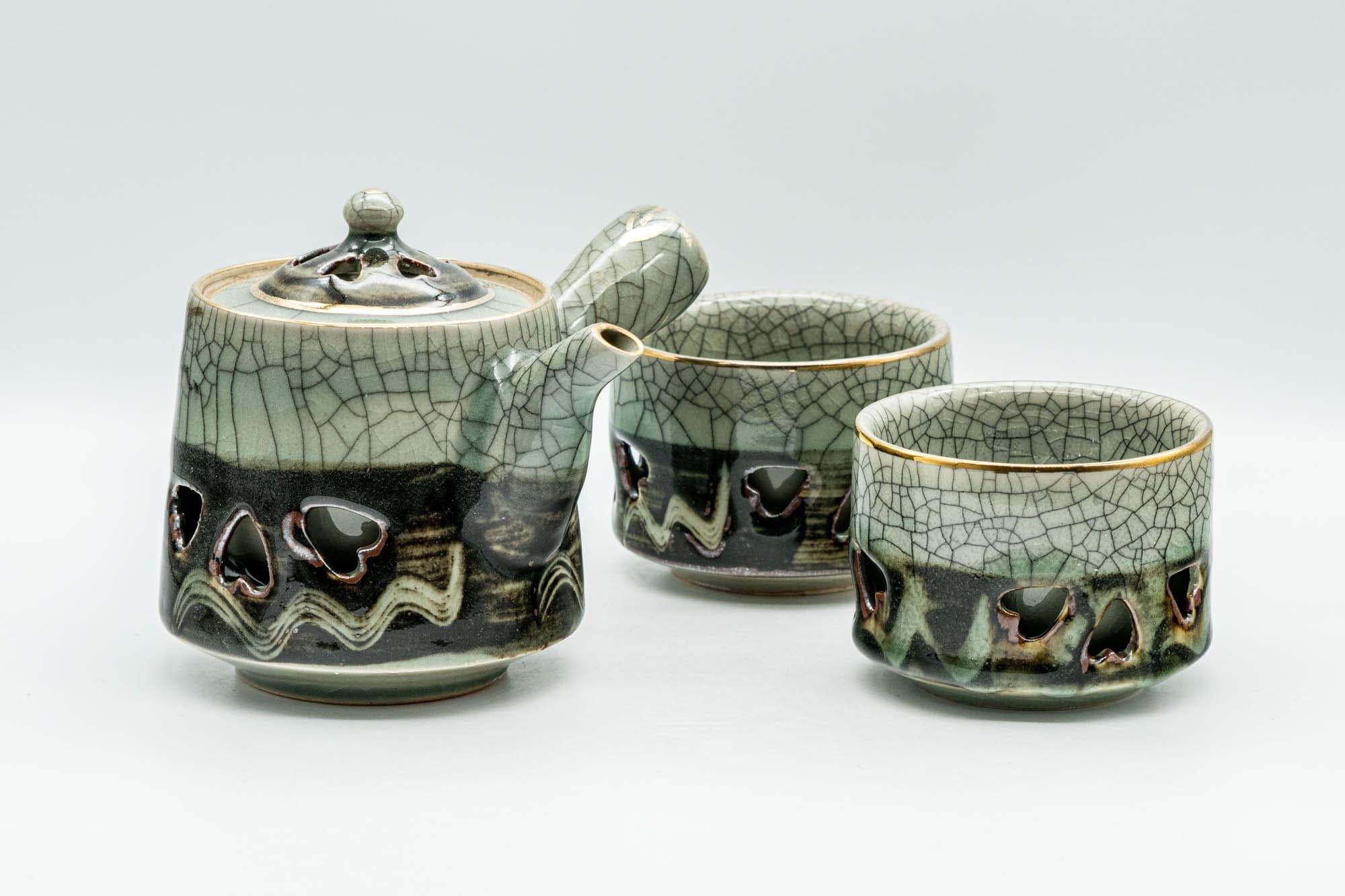Japanese Tea Set - Double-walled Obori Soma-yaki Kyusu Teapot and 2 Yunomi Teacups - Tezumi