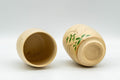 Japanese Tea Set - Floral Beige Glazed Debeso Dobin Teapot and 2 Yunomi Teacups - the two teacups, one upright and one on its side