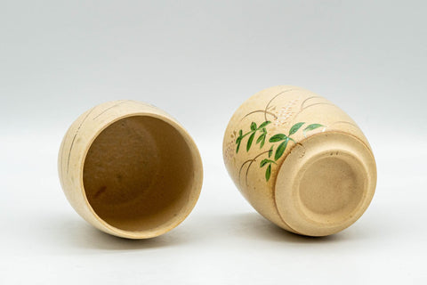 Japanese Tea Set - Floral Beige Glazed Debeso Dobin Teapot and 2 Yunomi Teacups - the two teacups, one upright and one on its side