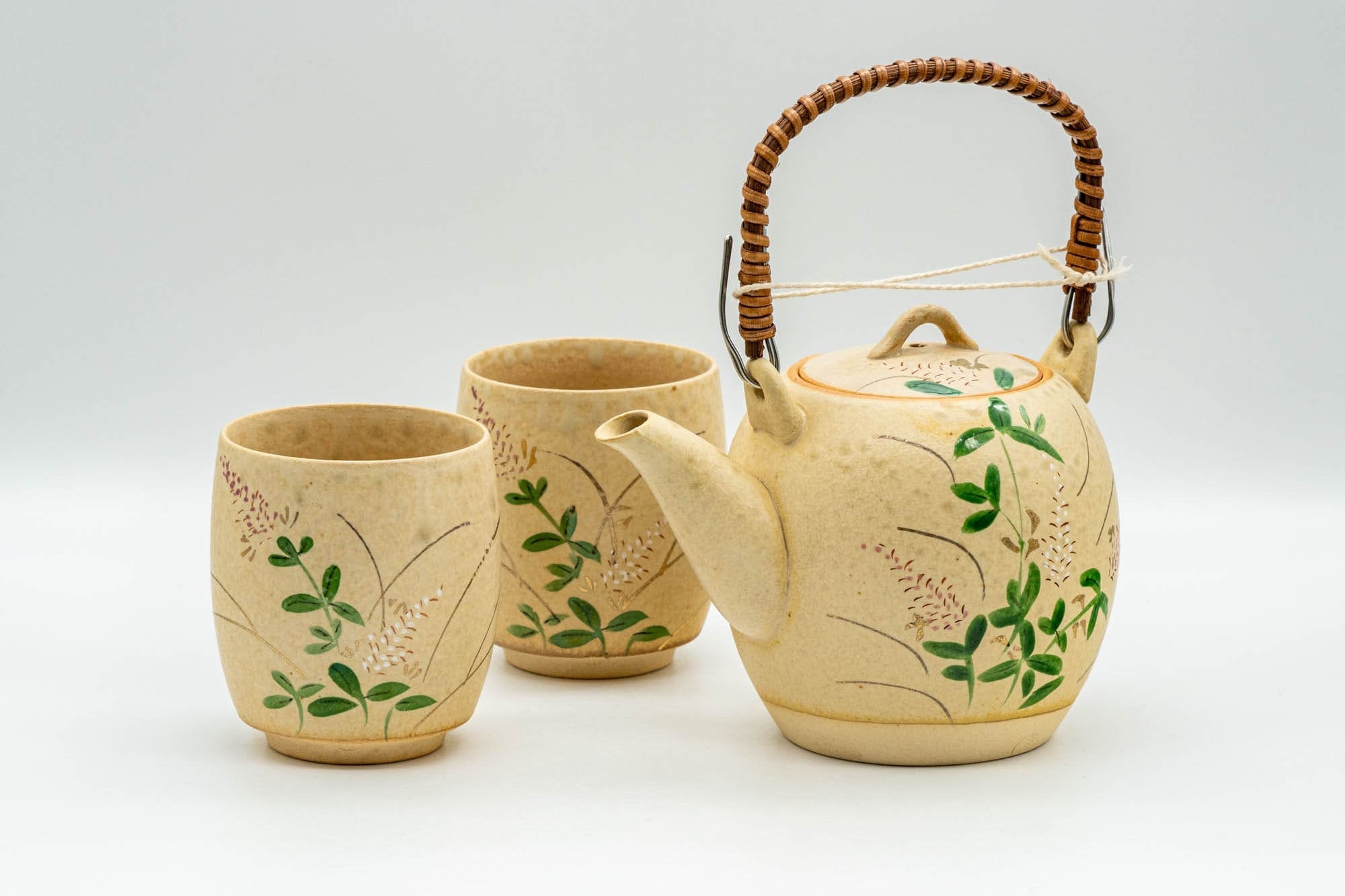 Japanese Tea Set - Floral Beige Glazed Debeso Dobin Teapot and 2 Yunomi Teacups