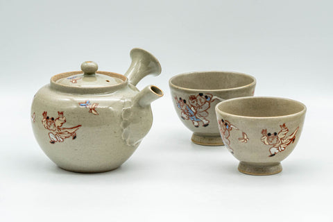 Japanese Tea Set - Banko-yaki Butterflies Kyusu Teapot and 2 Yunomi Teacups - group shot of the kyusu teapot with the two yunomi teacups