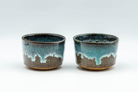 Tezumi — Japanese Teacups - Blue Turquoise Drip-Glazed Agano-yaki Yunomi - 100ml — front view from another angle