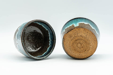 Tezumi — Japanese Teacups - Blue Turquoise Drip-Glazed Agano-yaki Yunomi - 100ml — three-quarter view