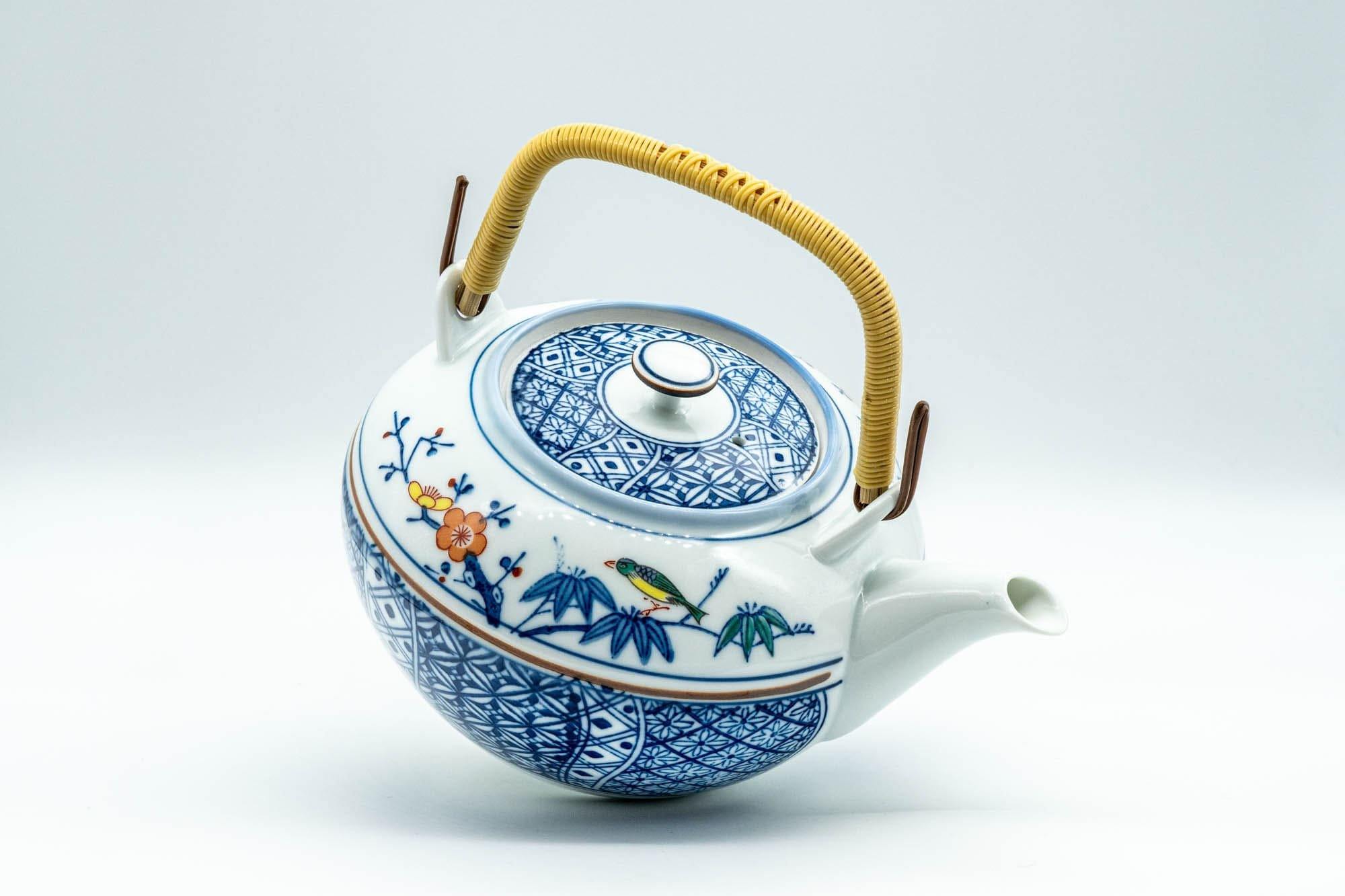 Japanese Dobin - Blue Floral Parrots White Debeso Teapot - 600ml - Tezumi