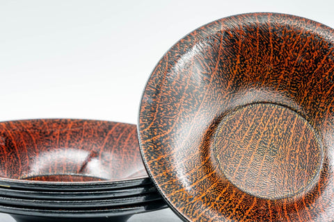 Japanese Chataku - Set of 5 Wood Grain-Patterned Lacquer Tea Saucers - Tezumi