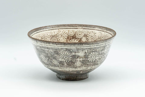 Tezumi — Japanese Matcha Bowl - Floral Mishima Grey White Glazed Chawan - 350ml — front view