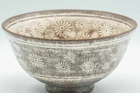 Tezumi — Japanese Matcha Bowl - Floral Mishima Grey White Glazed Chawan - 350ml — tipped to show the interior