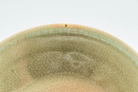 Japanese Matcha Bowl - Crazed Celadon Glazed Hira-gata Mishima Chawan - 200ml - closeup of the mishima slip-inlay patterns under the crazed glaze