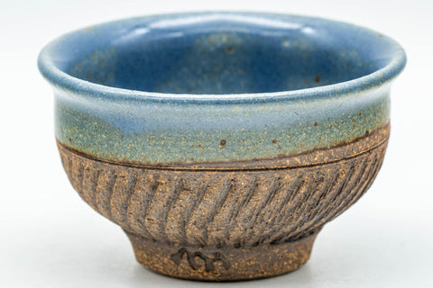 Japanese Teacup - Blue Glazed Carved Base Exterior Guinomi - 45ml - Tezumi