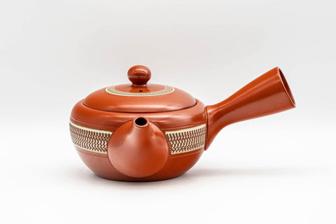 Tezumi — Japanese Kyusu - Engraved Yellow Striped Tokoname-yaki Teapot - 290ml — top-down view of the lid