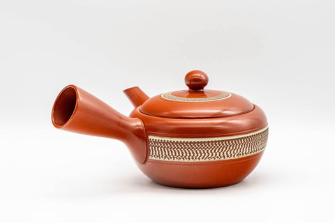 Tezumi — Japanese Kyusu - Engraved Yellow Striped Tokoname-yaki Teapot - 290ml — three-quarter view from the opposite side