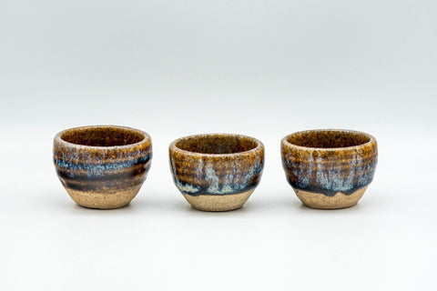 Tezumi — Japanese Teacups - Set of 3 Blue Drip-Glazed Guinomi - 25ml — front view