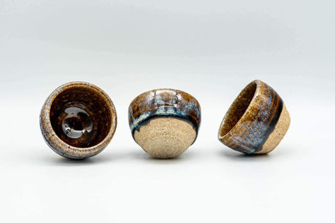 Tezumi — Japanese Teacups - Set of 3 Blue Drip-Glazed Guinomi - 25ml — front view from another angle