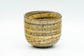 Tezumi — Japanese Teacups - Set of 3 Yellow Brown Striped Guinomi - 40ml — three-quarter view
