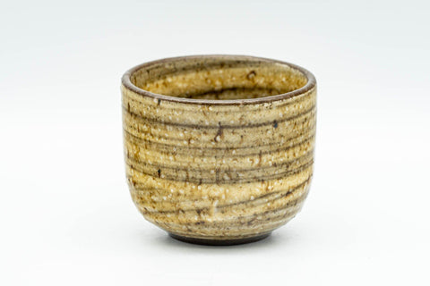 Tezumi — Japanese Teacups - Set of 3 Yellow Brown Striped Guinomi - 40ml — three-quarter view