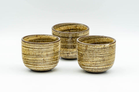Tezumi — Japanese Teacups - Set of 3 Yellow Brown Striped Guinomi - 40ml — front view