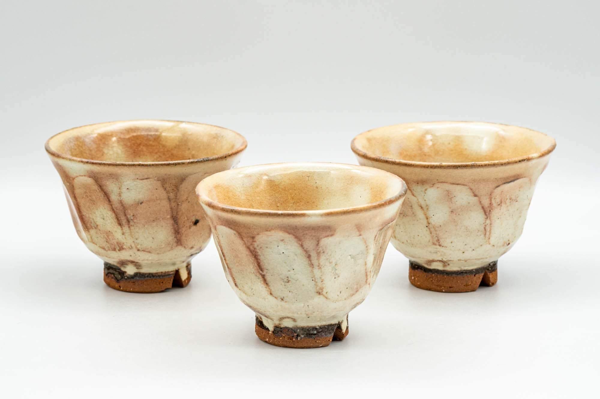 Japanese Teacups - Set of 3 Geometric Beige Glazed Hagi-yaki Yunomi - 110ml - Tezumi