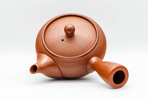 Japanese Tea Set - Red Tokoname-yaki Debeso Kyusu Teapot and 5 Bamboo Yunomi Teacups in Wooden Box