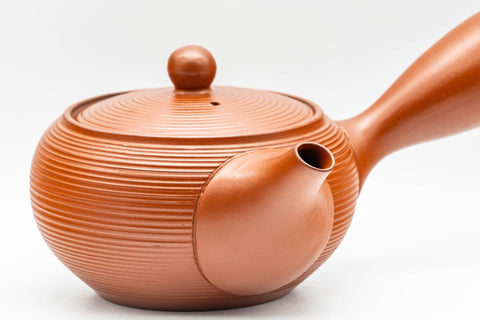 Japanese Tea Set - Red Tokoname-yaki Debeso Kyusu Teapot and 5 Bamboo Yunomi Teacups in Wooden Box