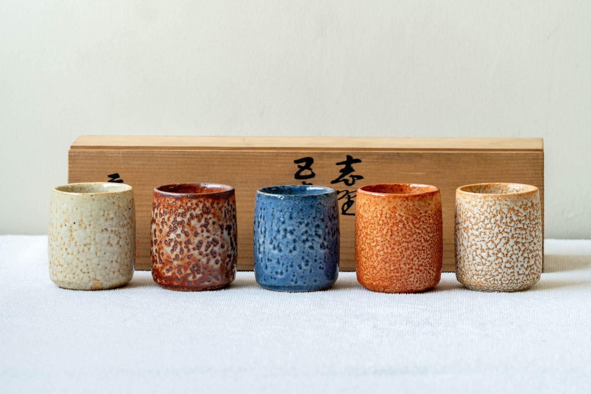Japanese Teacup Set - Five Unique Shino Glazed Yunomi in Wooden Box - 100ml - Tezumi