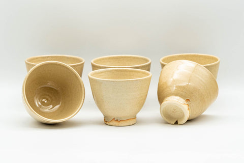 Japanese Tea Set - Beige Hagi-yaki Do-ake Kyusu Teapot and 6 Yunomi Teacups in Wooden Box