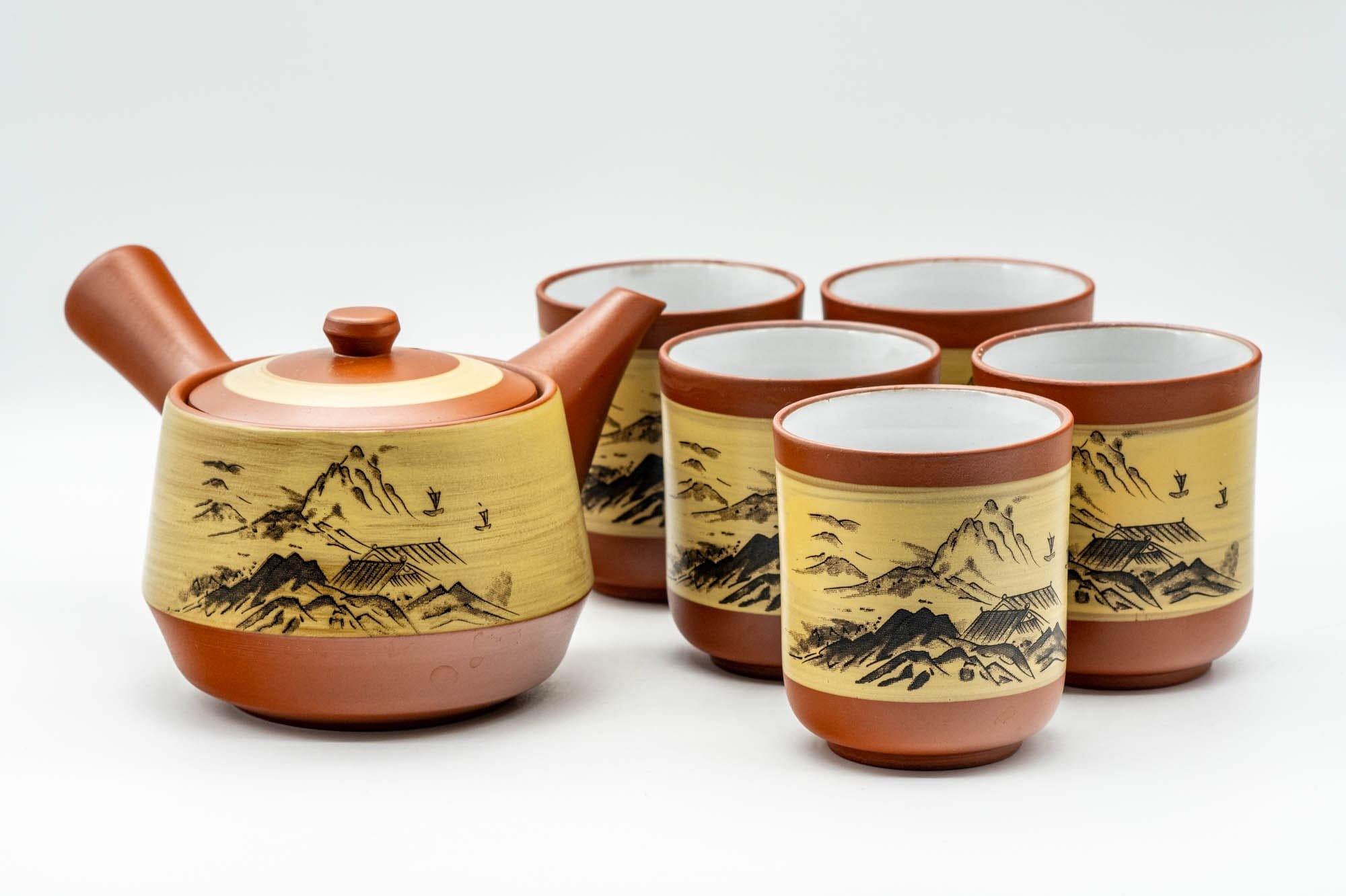 Japanese Tea Set - Mountainous Tokoname-yaki Debeso Kyusu Teapot with 5 White Inner Glazed Yunomi Teacups - Tezumi