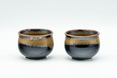 Tezumi — Japanese Teacups - Pair of Black Brown Hare's Fur Glazed Guinomi - 50ml — front view