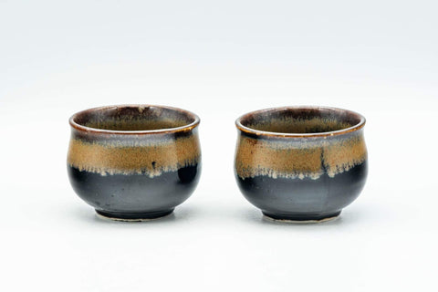 Tezumi — Japanese Teacups - Pair of Black Brown Hare's Fur Glazed Guinomi - 50ml — front view from another angle
