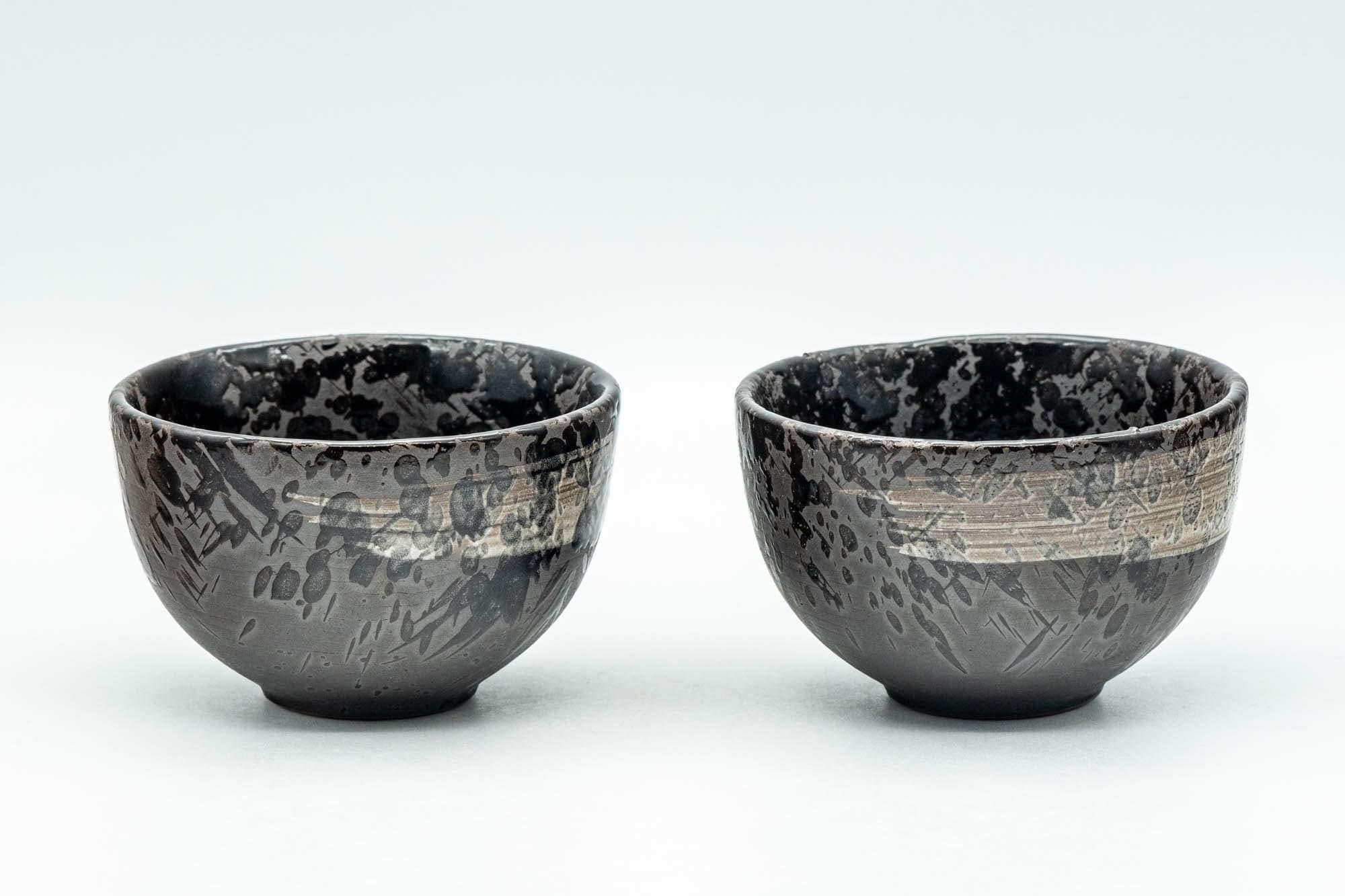 Japanese Teacups - Pair of Metallic Black Hakeme Guinomi - 60ml - Tezumi