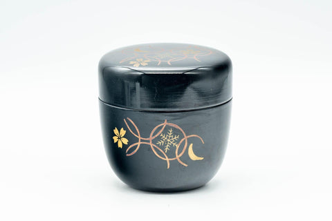 Tezumi — Japanese Natsume - Floral Geometric Black Lacquer Matcha Tea Caddy - 100ml — lid removed beside the body