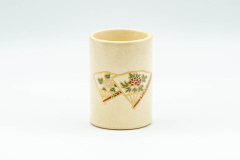 Japanese Tea Ceremony Utensil Set - Kyo-yaki Furidashi, Chakindashi, and Lacquer Chasenzutsu and Kogo - the cream Kyo-yaki chakindashi decorated with a fan motif