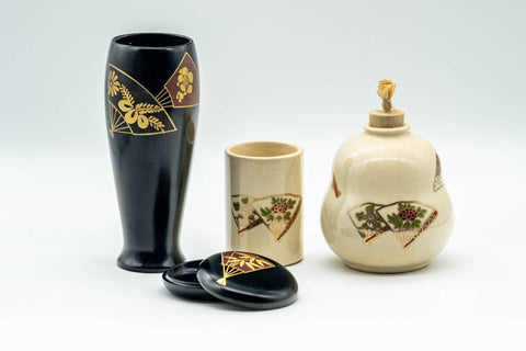 Japanese Tea Ceremony Utensil Set - Kyo-yaki Furidashi, Chakindashi, and Lacquer Chasenzutsu and Kogo - full set showing the lacquer chasenzutsu, chakindashi, furidashi, and kogo with fan motifs
