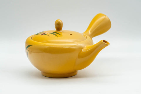 Tezumi — Japanese Kyusu - Floral Yellow Tokoname-yaki Teapot - 300ml — side view with the lid and side handle