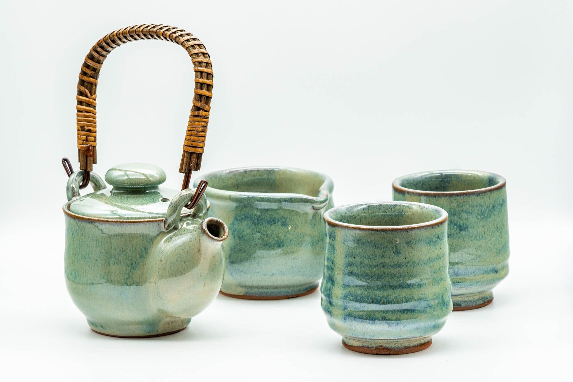 Japanese Tea Set - Green Glazed Dobin Do-ake Teapot with Katakuchi Water Cooler and 2 Yunomi Teacups