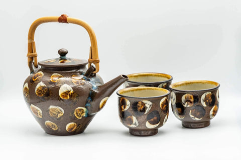Tezumi — Japanese Tea Set - Brown Dobin Do-ake Teapot with 3 Yunomi Teacups — the full set arranged together