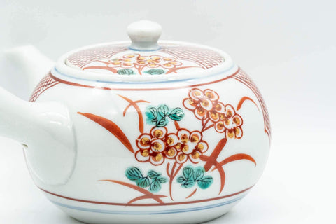 Japanese Tea Set - Floral Red Kutani-yaki Debeso Kyusu Teapot with 4 Yunomi Teacups - Tezumi