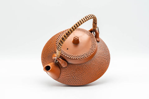 Japanese Tea Set - Morishita Gisen - Tokoname-yaki Debeso Dobin Teapot with 5 Yunomi Teacups - top-down view showing the lid and top handle