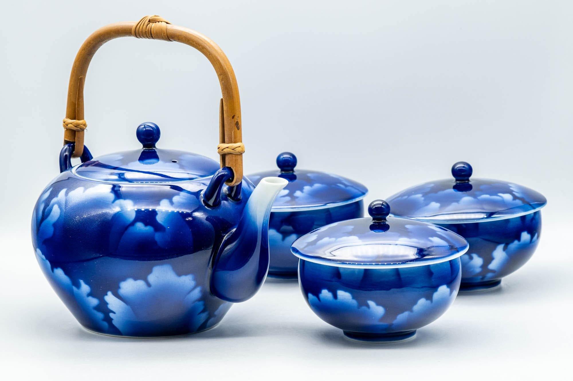 Japanese Tea Set - Blue Floral Debeso Dobin Teapot with 3 Lidded Yunomi Teacups - Tezumi