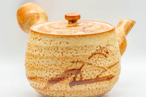 Japanese Tea Set - Orange Shino Glazed Debeso Kyusu Teapot with 3 Yunomi Teacups - Tezumi