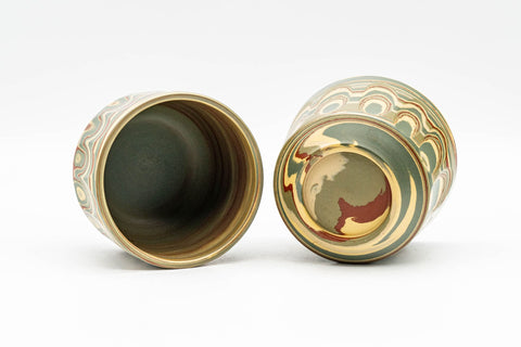 Japanese Teacups - Pair of Mizukani Gyouzan Nerikomi Tokoname-yaki Yunomi - 100ml - the pair with one cup tilted to show the interior