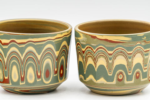 Japanese Teacups - Pair of Mizukani Gyouzan Nerikomi Tokoname-yaki Yunomi - 100ml - closeup of the faceted nerikomi marbling