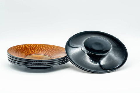 Japanese Chataku - Set of 5 Orange Outward Spiraling Black Lacquer Tea Saucers - Tezumi