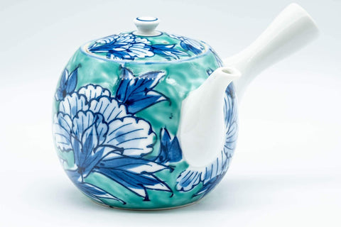 Japanese Tea Set - Blue Green Floral Arita-yaki Debeso Kyusu Teapot with 4 Yunomi Teacups - Tezumi