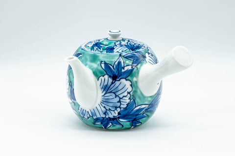 Japanese Tea Set - Blue Green Floral Arita-yaki Debeso Kyusu Teapot with 4 Yunomi Teacups - Tezumi