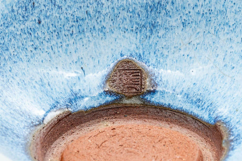 Tezumi — Japanese Yuzamashi - Blue Shino Glazed Ushirode Water Cooler - 150ml — closeup of the foot